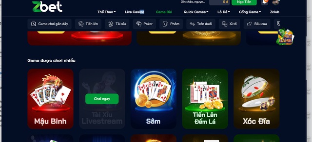 Các sản phẩm Game Bài có tại Zbet