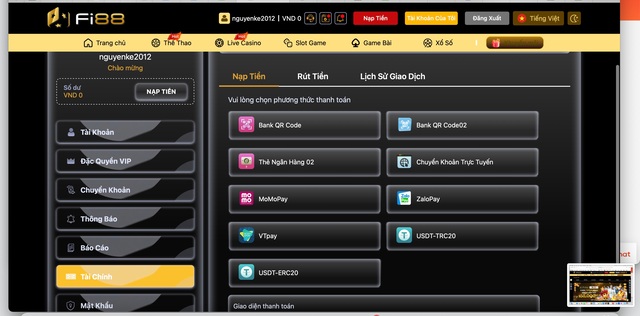 Giao dịch nạp tiền tại Fi88