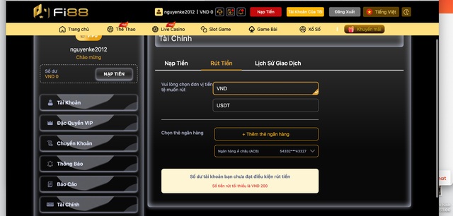Giao dịch rút tiền tại Fi88
