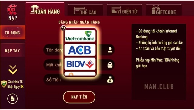 Hướng dẫn game thủ cách nạp tiền tại Manclub