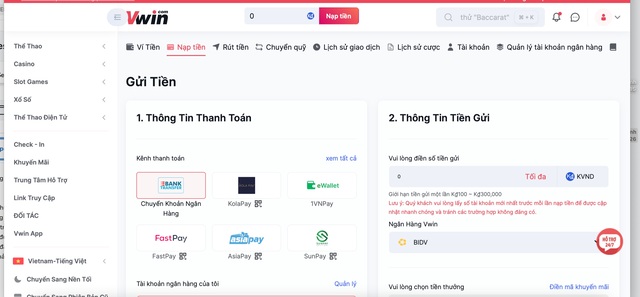 Tiền gửi và rút tiền tại nhà cái trực tuyến Vwin