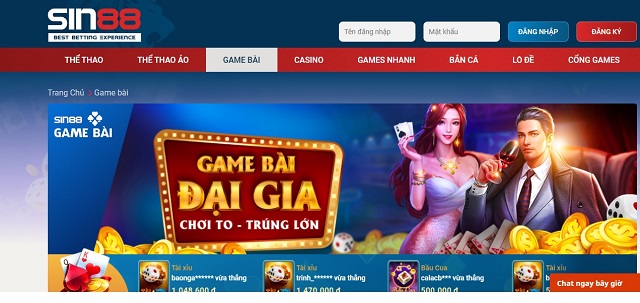 Sảnh game bài đổi thưởng Sin88